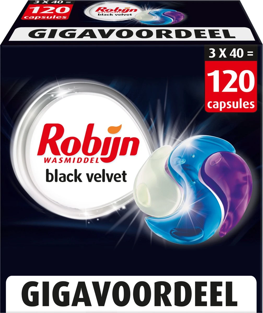 Robijn Wascapsules 3-in-1 Black Velvet - 3 X 40 Stuks - Voordeelverpakking 4 Robijn Wascapsules 3-in-1 Black Velvet - 3 X 40 Stuks - Voordeelverpakking - Afbeelding 2