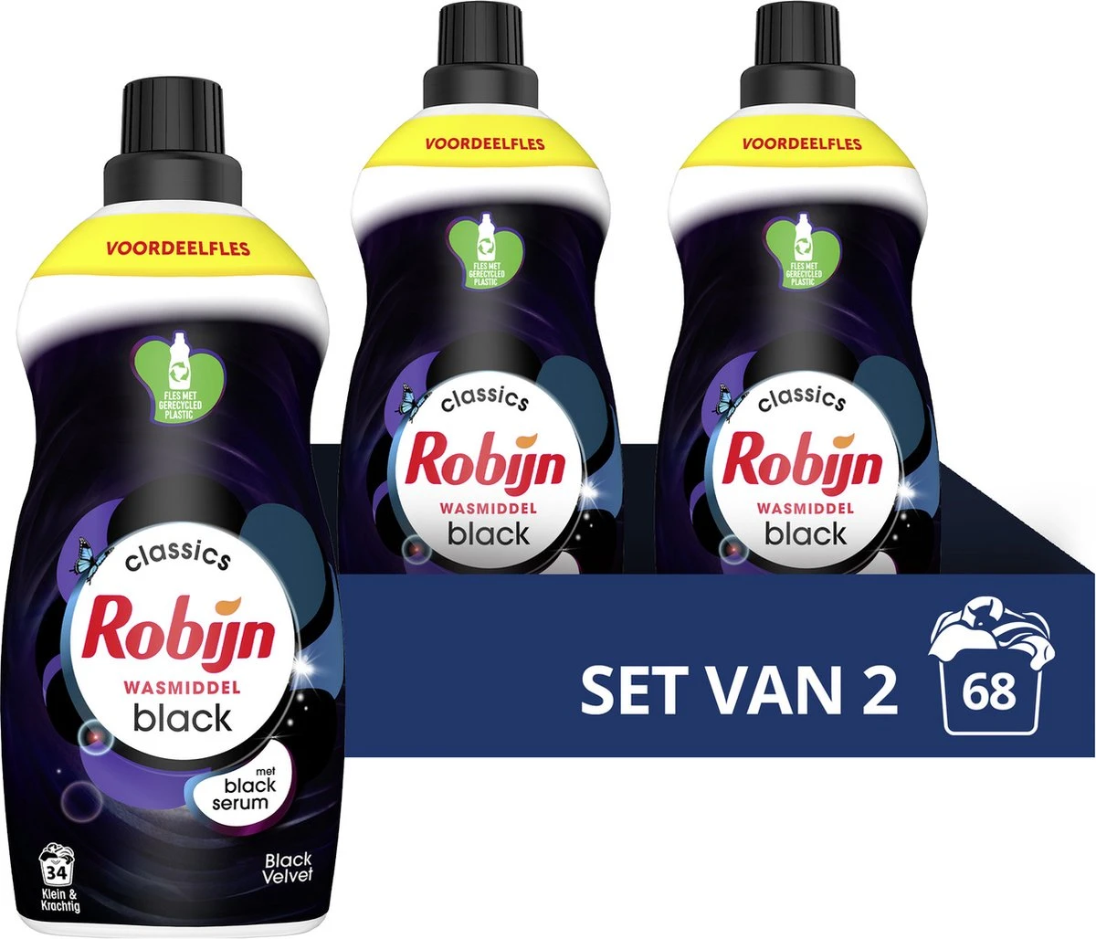 Robijn Klein & Krachtig Classics Black Velvet Vloeibaar Wasmiddel - 2 X 34 Wasbeurten - Voordeelverpakking 3 Robijn Klein & Krachtig Classics Black Velvet Vloeibaar Wasmiddel - 2 X 34 Wasbeurten - Voordeelverpakking