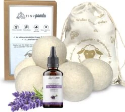 Merkloos Droger Ballen XL 6 Stuks Inclusief Lavendelolie – Zero Waste Dryer Balls - Duurzaam – Wasverzachter – Herbruikbare Drogerballen – Droogt De Was Sneller – Tiny Panda