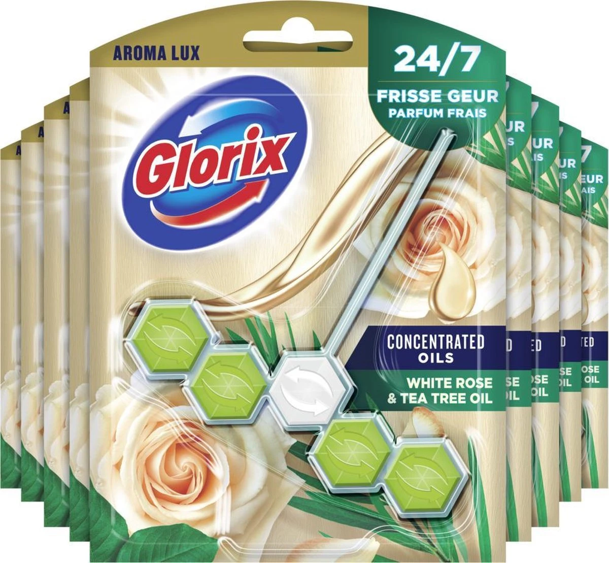 Glorix Aroma Lux Toiletblokken White Rose & Tea Tree Oil - 9 X 55g - Voordeelverpakking 3 Glorix Aroma Lux Toiletblokken White Rose & Tea Tree Oil - 9 X 55g - Voordeelverpakking