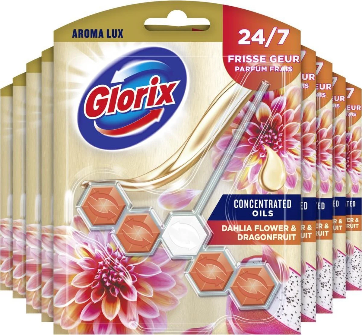 Glorix Aroma Lux Dahlia Flower & Dragonfruit - 9 Toiletblokken - Halfjaarbox - Voordeelverpakking 3 Glorix Aroma Lux Dahlia Flower & Dragonfruit - 9 Toiletblokken - Halfjaarbox - Voordeelverpakking