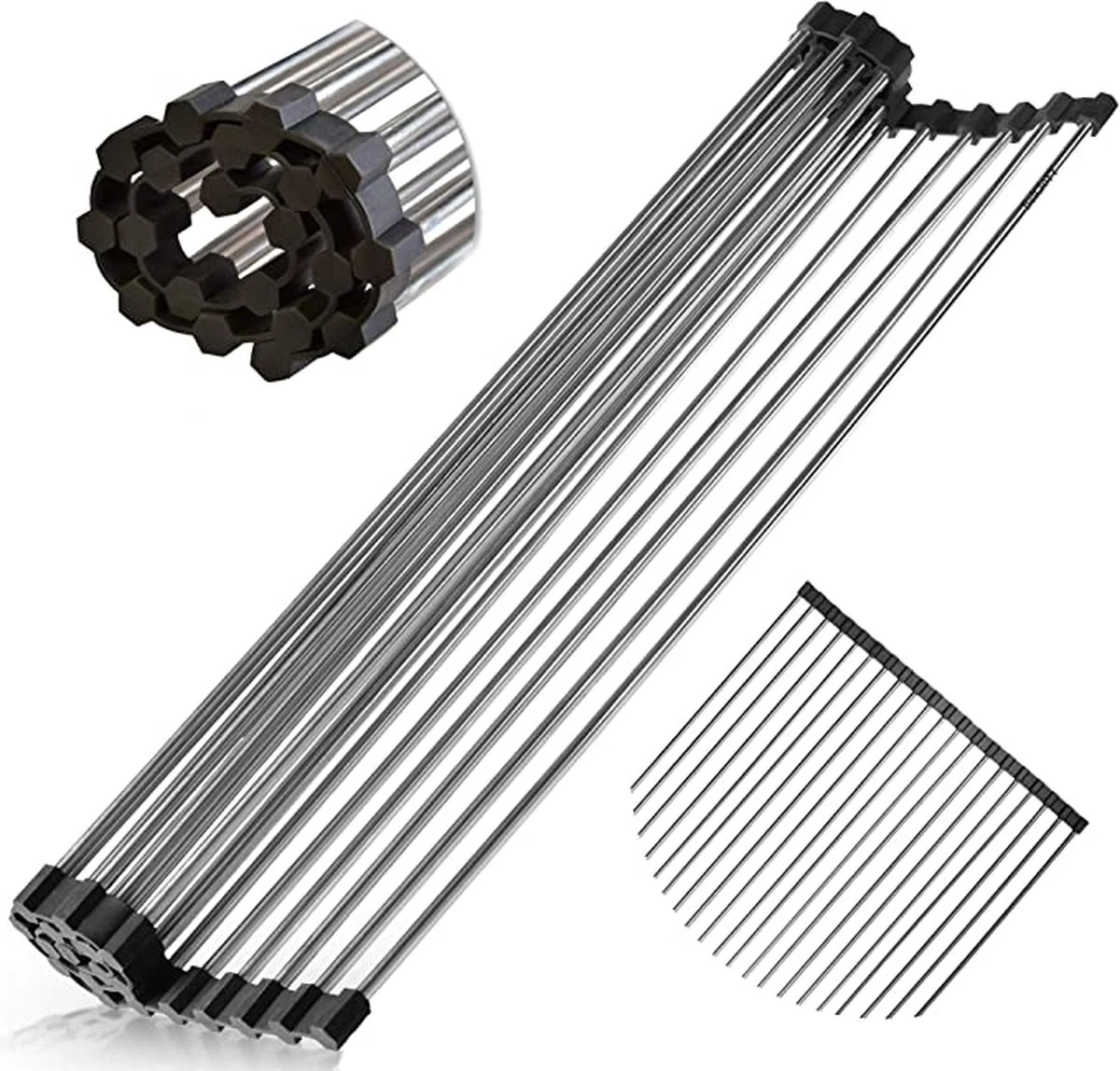 IBright Oprolbare Afdruiprek - Pannen Rooster Hittebestendig - Afdruiprooster - Pannenonderzetter - RVS Zwart 3 IBright Oprolbare Afdruiprek - Pannen Rooster Hittebestendig - Afdruiprooster - Pannenonderzetter - RVS Zwart