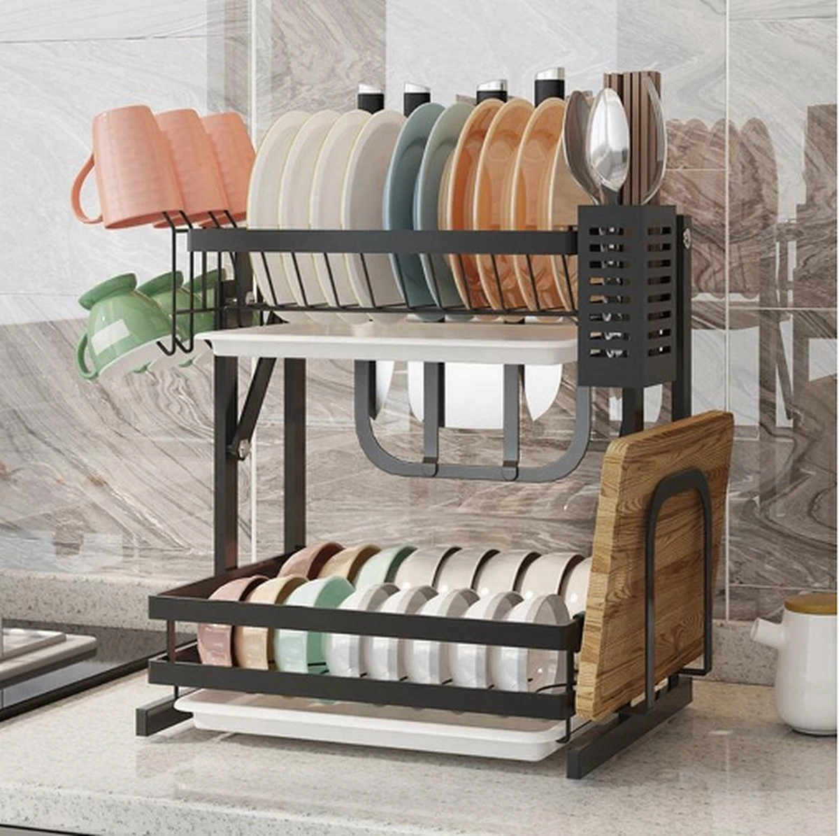 Doogo® Afdruiprek Met Lekbak 2 Laags – Inklapbaar - Muur Hangen Mogelijke - Afwasrek – Met 2 Lekbakken – Extra Accessories Voor Servies En Snijplanken - RVS 13 Doogo® Afdruiprek Met Lekbak 2 Laags – Inklapbaar - Muur Hangen Mogelijke - Afwasrek – Met 2 Lekbakken – Extra Accessories Voor Servies En Snijplanken - RVS - Afbeelding 11