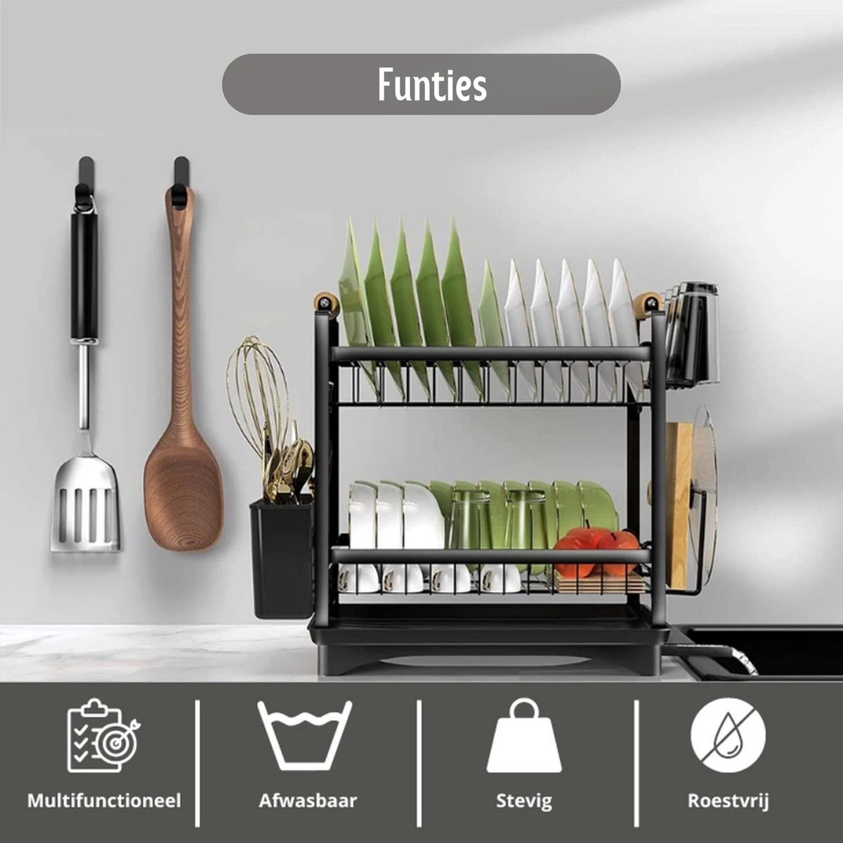 Afdruiprek - Zwart/ Met Flexibele Water Afvoer/ Borden, Pannen Bestek/ RVS/ Lichtgewicht/ Lekbak/ Luxe Uitvoering 8 Afdruiprek - Zwart/ Met Flexibele Water Afvoer/ Borden, Pannen Bestek/ RVS/ Lichtgewicht/ Lekbak/ Luxe Uitvoering - Afbeelding 6