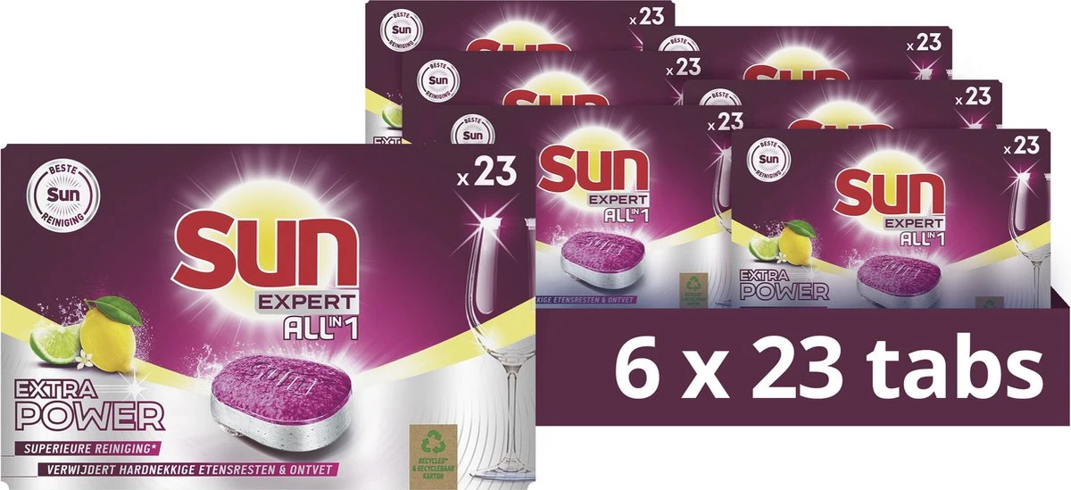 SUN® Sun All-In-1 Extra Power Lemon Vaatwastabletten - 6 X 23 Tabletten - Voordeelverpakking 3 SUN® Sun All-In-1 Extra Power Lemon Vaatwastabletten - 6 X 23 Tabletten - Voordeelverpakking