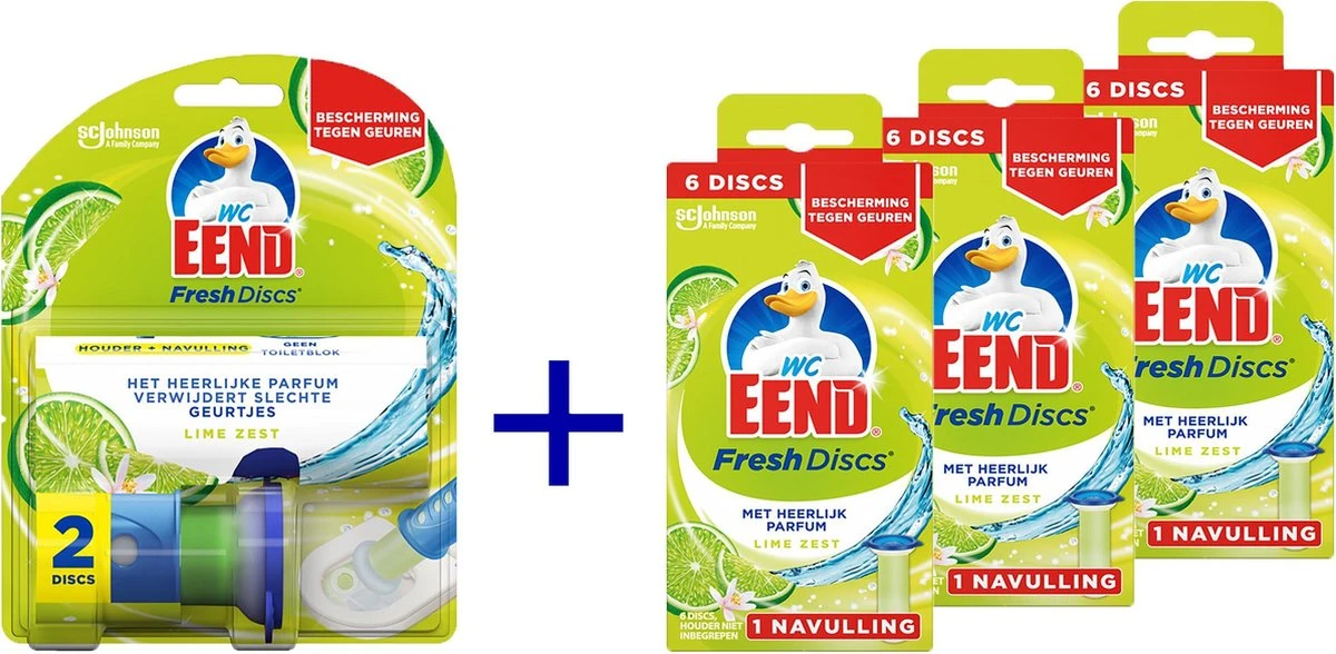 WC Eend Houder Fresh Discs Lime Zest + 3 X 6 Discs Navulling 3 WC Eend Houder Fresh Discs Lime Zest + 3 X 6 Discs Navulling