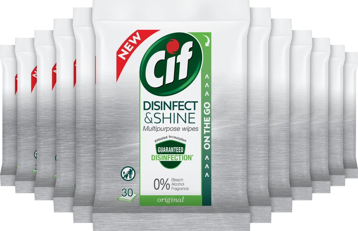 Cif Disinfect & Shine Wipes Original Desinfectie Schoonmaakdoekjes - 12 X 30 Doekjes - Voordeelverpakking 3 Cif Disinfect & Shine Wipes Original Desinfectie Schoonmaakdoekjes - 12 X 30 Doekjes - Voordeelverpakking