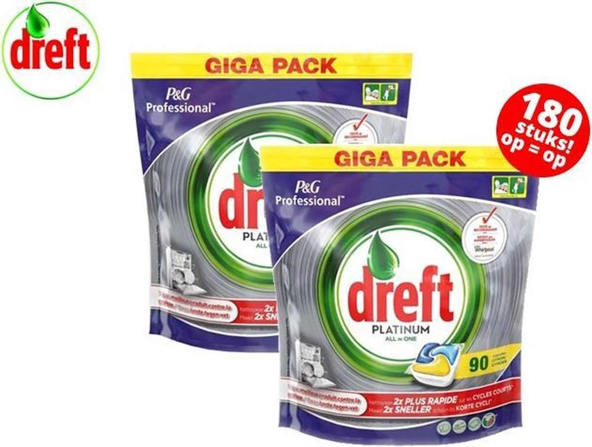Dreft Platinum All In One Lemon Vaatwastabletten - 180 Stuks 3 Dreft Platinum All In One Lemon Vaatwastabletten - 180 Stuks
